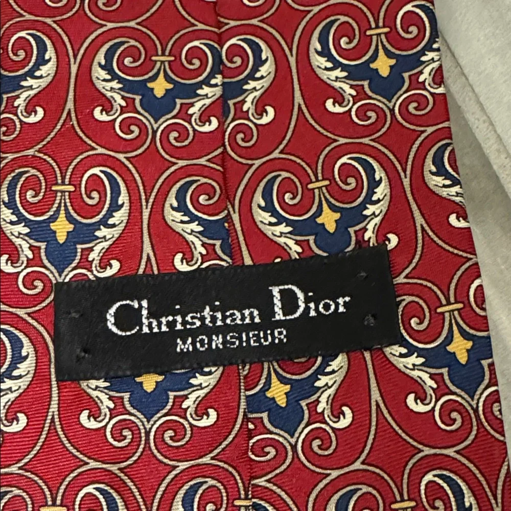 Dior Red Tie with Navy and Gold Scroll Motif
